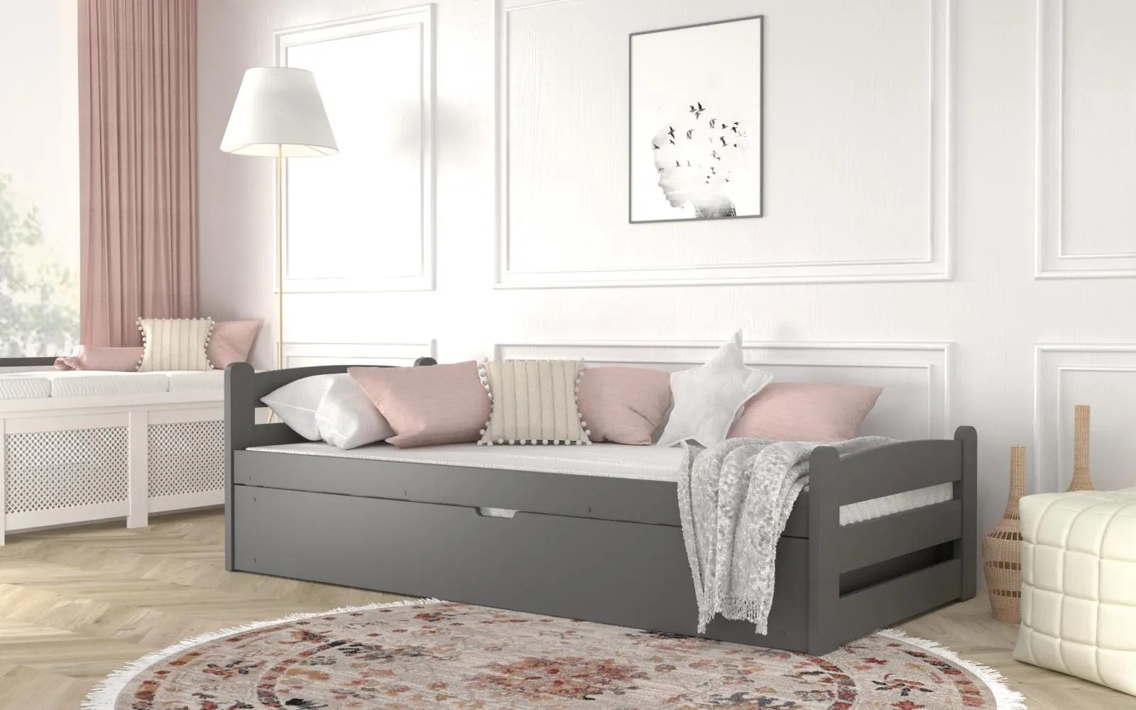 Posteľ z masívu DAVID s úložným priestorom - 200x90 cm - šedá