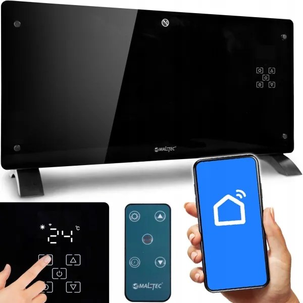 Sklenený konvekčný ohrievač Eco Wifi termostat 2000W čierny