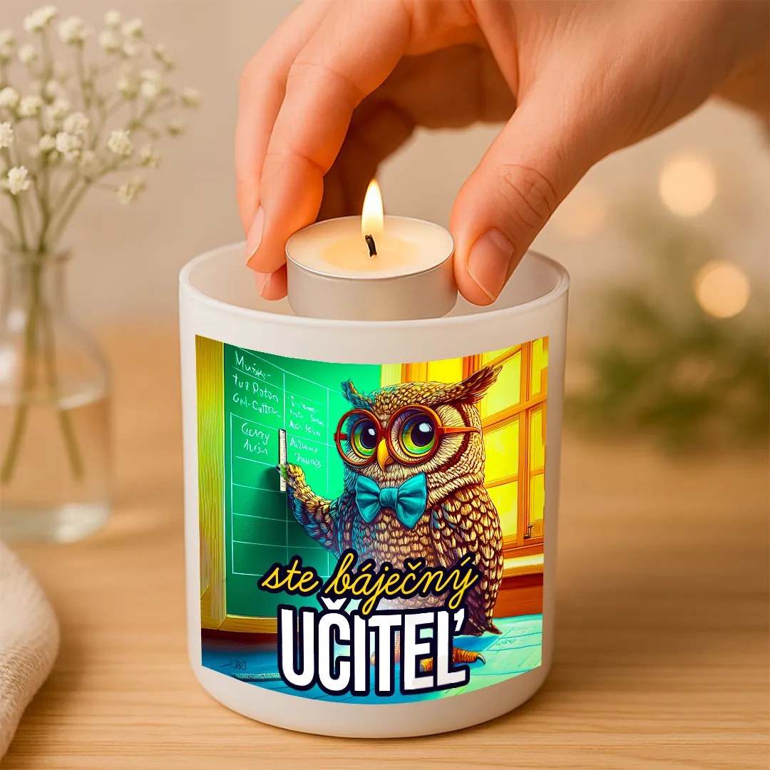 Originálny sklenený svietnik Ste báječný učiteľ