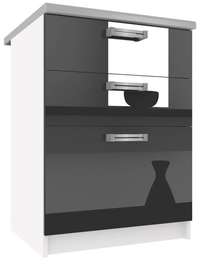 Kuchynská skrinka Belini spodná so zásuvkami 60 cm čierny lesk s pracovnou doskou INF SDSZ60/1/WT/B/0/D
