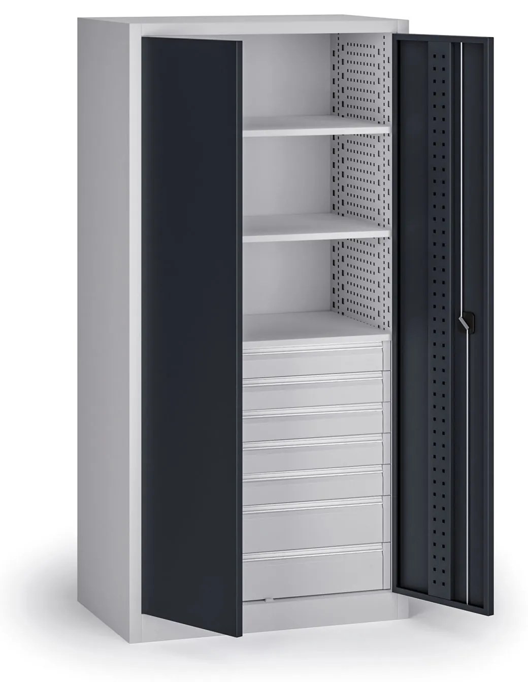 Dielenská zásuvková skriňa na náradie KOVOS, 3 police, 7 zásuviek, perforovaná, 950 x 600 x 1950 mm, grafit