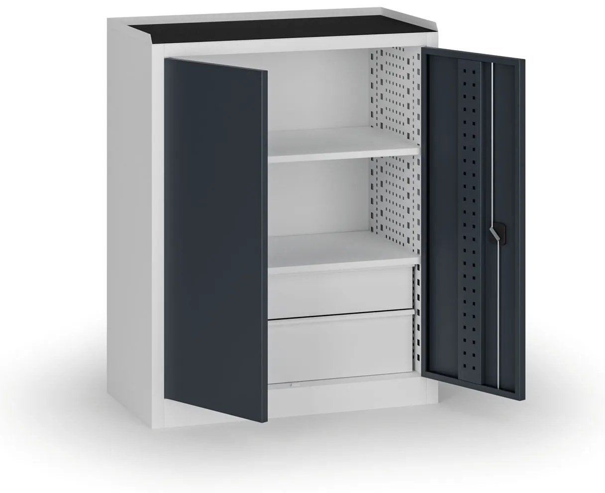 Policová dielenská skriňa 2-dverová, 2 police + 4 zásuvky, 1180 × 950 × 500 mm, grafitové dvere