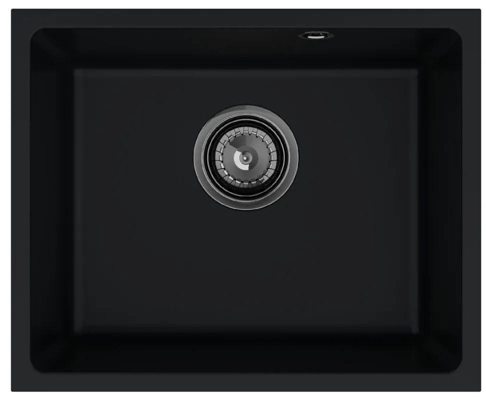 Sink Quality Crypton 55, kuchynský granitový drez 460x375x205 mm + čierny sifón, čierna, SKQ-CRY.C.1KBO.55.XB