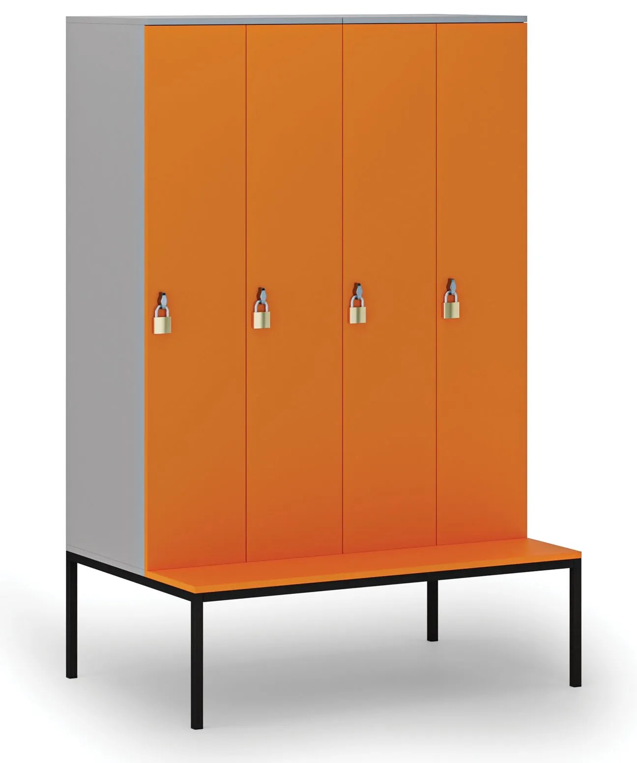 Drevená šatníková skrinka S4 s lavičkou, 4 oddiely, 1871 x 1200 x 500/800 mm, demont, otočný zámok, sivá / oranžová