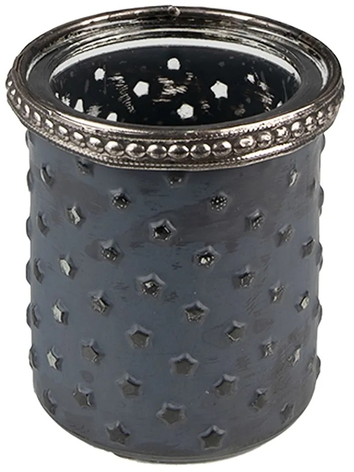 Šedý sklenený svietnik na čajovú sviečku so ozdobným lemom - Ø 6*7 cm