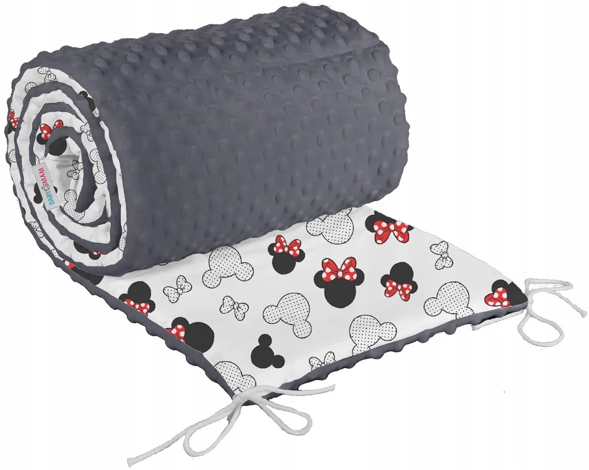 Ochranný mantinel do postieľky 180x30 cm BABYMAM PREMIUM - Myška Minnie s grafitovou minky
