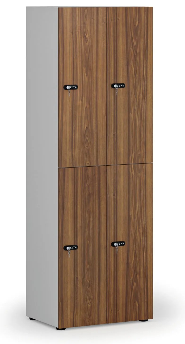 Drevená šatníková skrinka S4 s úložnými boxmi, 4 boxy, demont, mechanický kódový zámok, sivá/orech