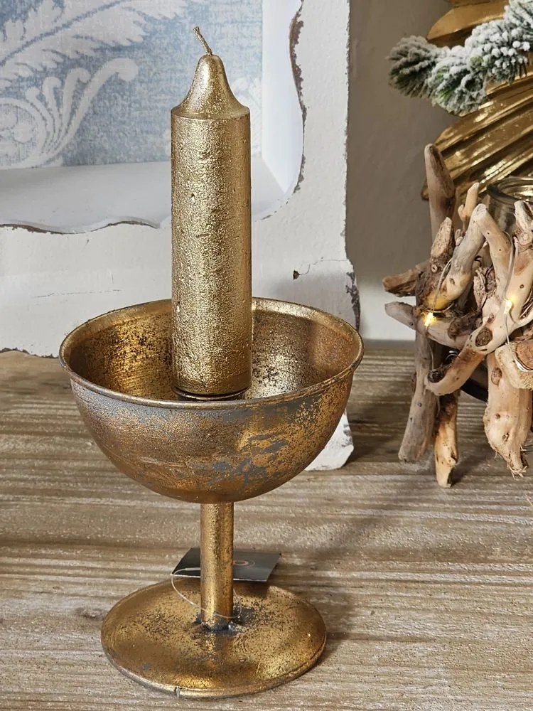 Zlatý antik kovový svietnik na nohe Dhaka gold - Ø 12*13 cm