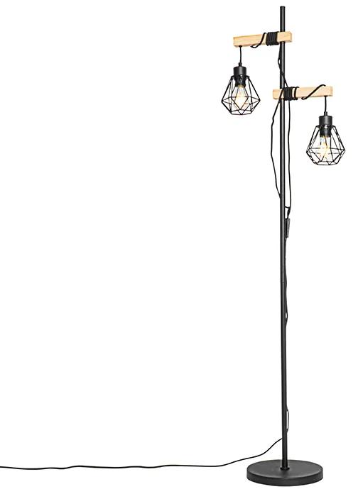 Rustikálna stojaca lampa čierna s drevom 2-svetlo - Chon