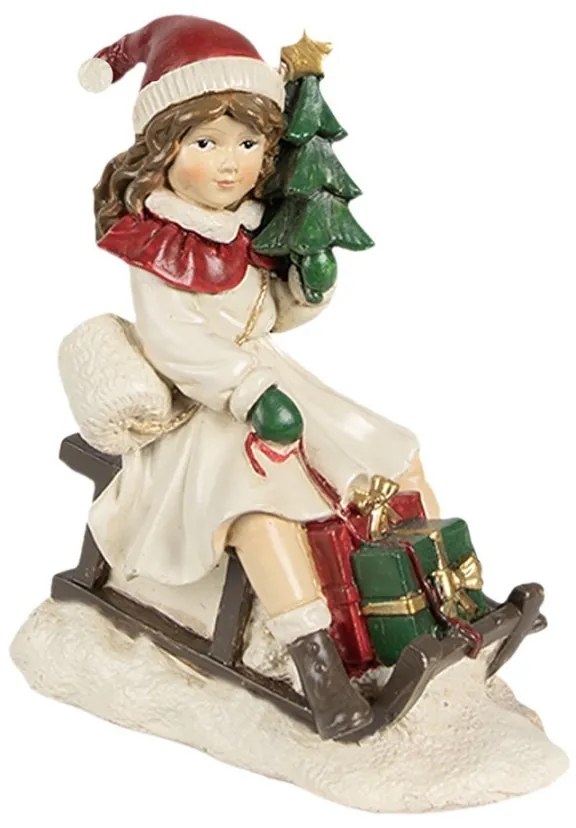 Béžová vianočná dekorácia dievča na sánkach s darčekmi - 10*6*12 cm
