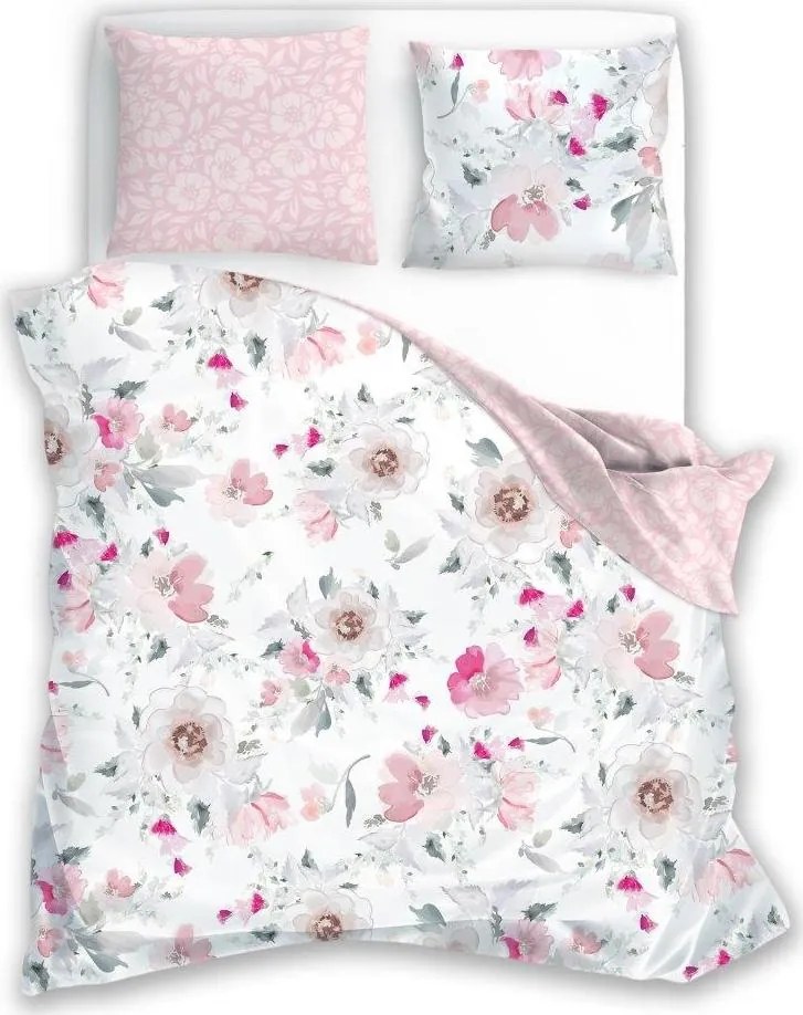 Saténové obliečky MILAGRO VERDE Jemné kvety - biele / ružové - 160x200 cm