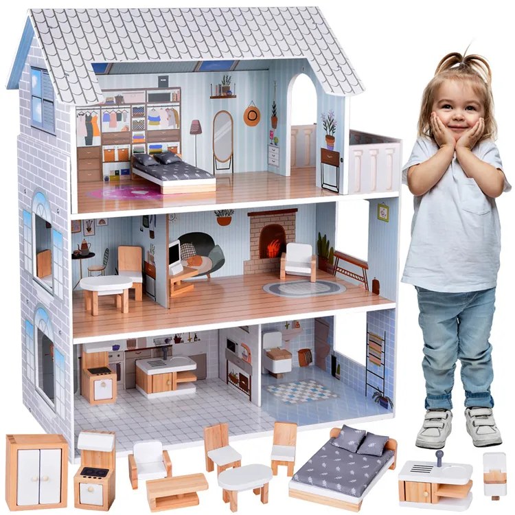 Očarujúci domček s nábytkom: Štýlová drevená vila pre bábiky ZA5368