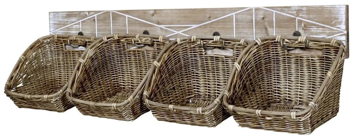 Hnedá antik drevená polička s prútenými košíkmi Girro - 95*26*23 cm