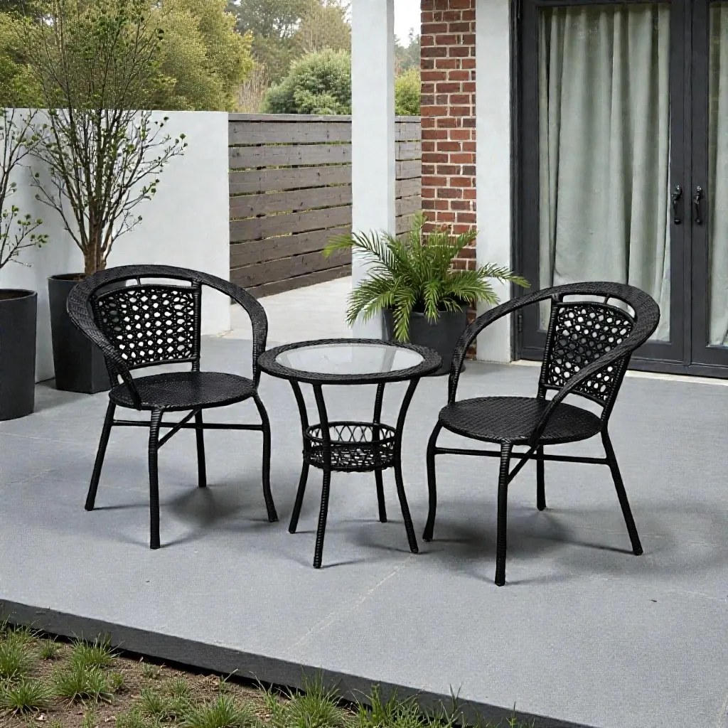 Set ratanového nábytku - LISABON - stolík + 2 kreslá - čierna