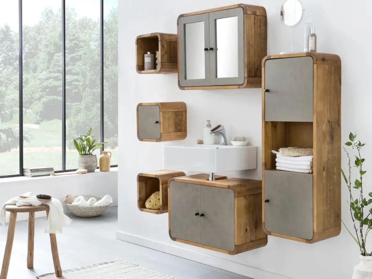 furniture-nabytek.cz - Masívna kúpeľňová zostava Dingle II z recyklovanej borovice a MDF, lakovaná, prírodná/šedá