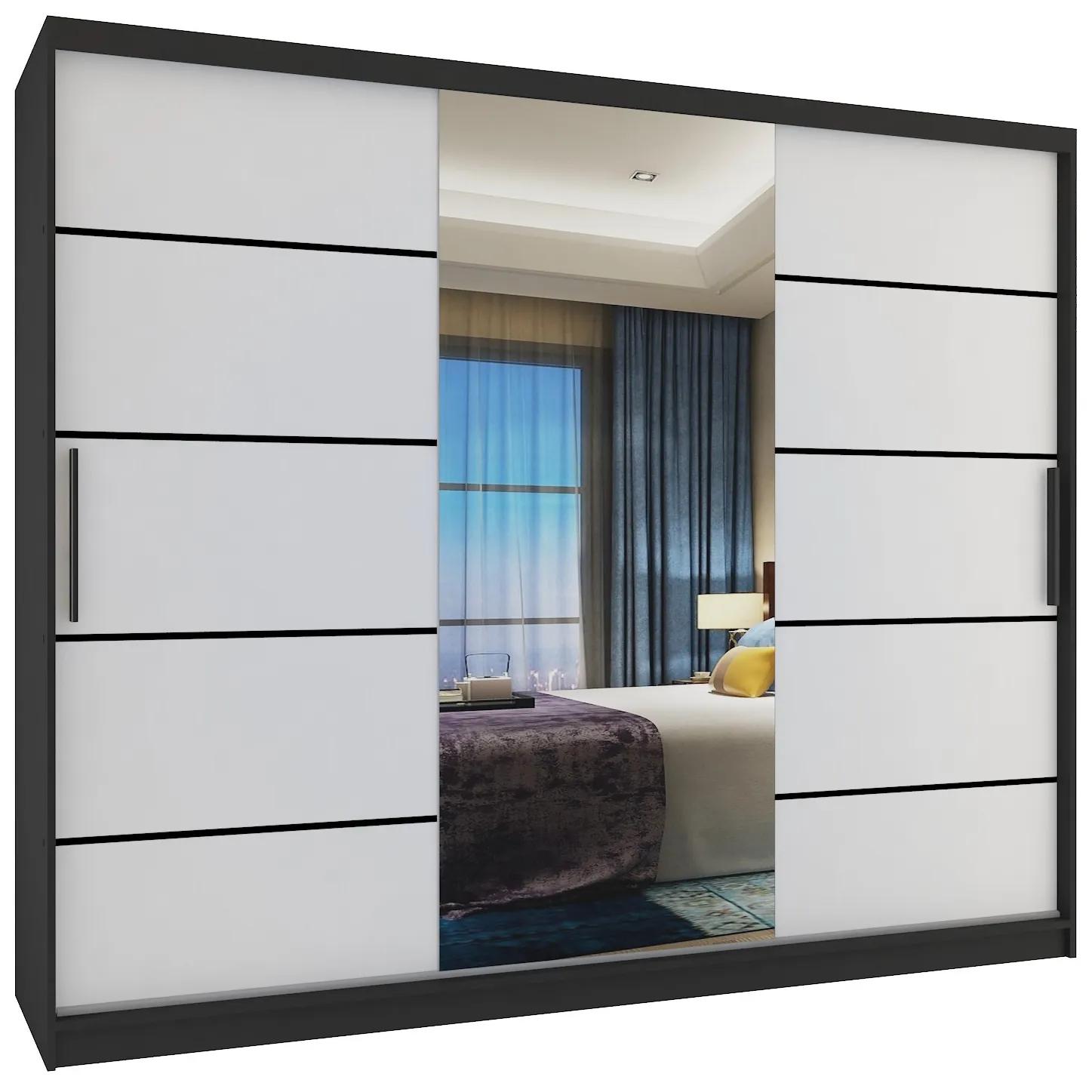 Šatníková skriňa 232 cm Belini čierny mat / biely mat s posunými dverami zrkadlom a zásuvkami MBP SZP8/0/1B/2W1L/0/KLP