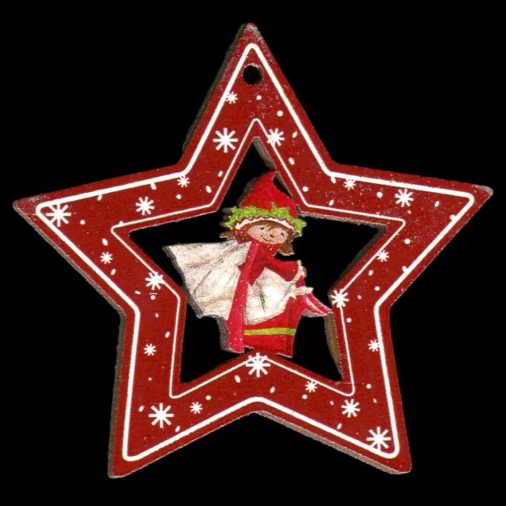 AMADEA Drevená ozdoba farebná hviezda so škriatkom 6 cm