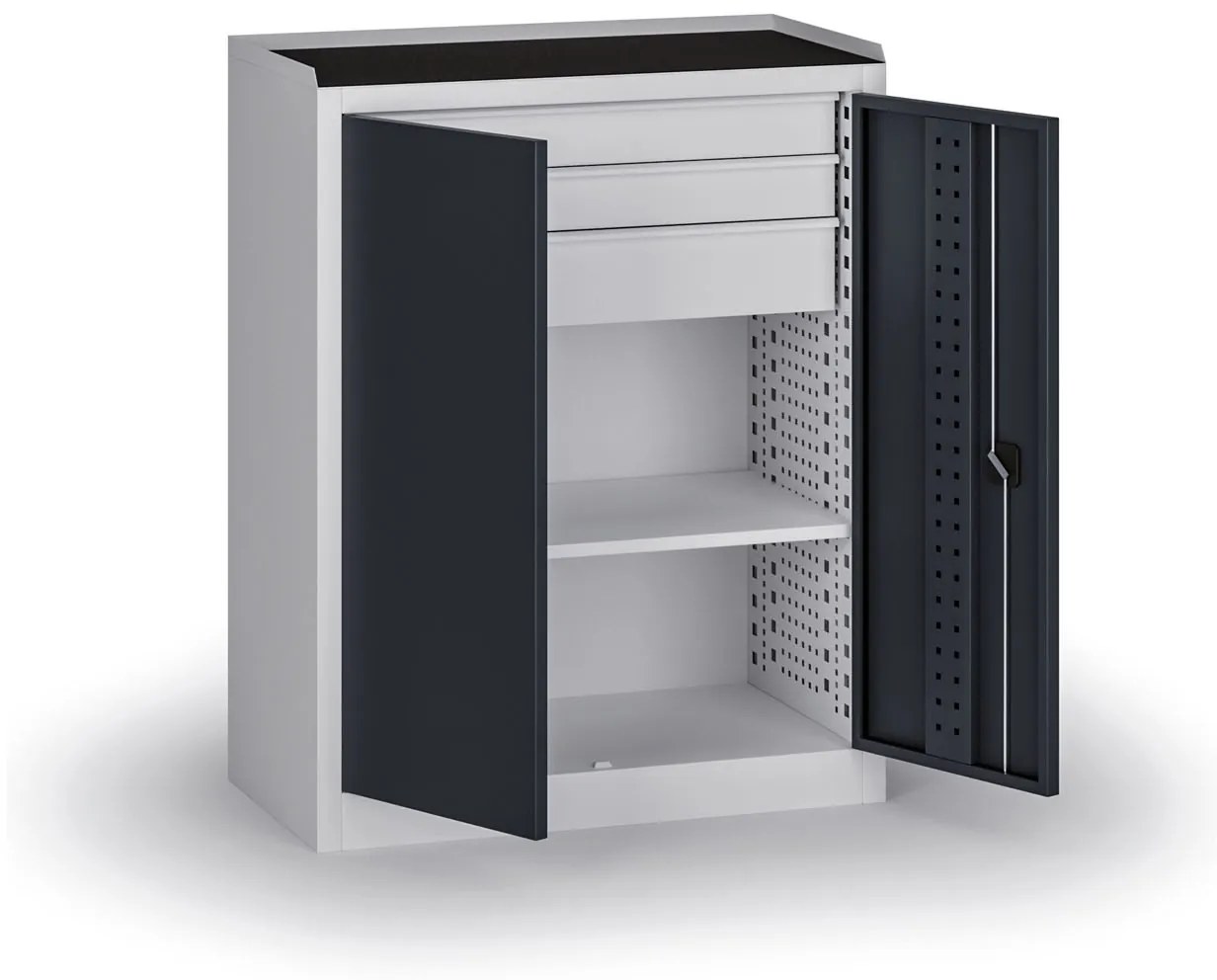 Policová dielenská skriňa 2-dverová, 1 police + 3 zásuvky, 1180 × 950 × 500 mm, grafitové dvere