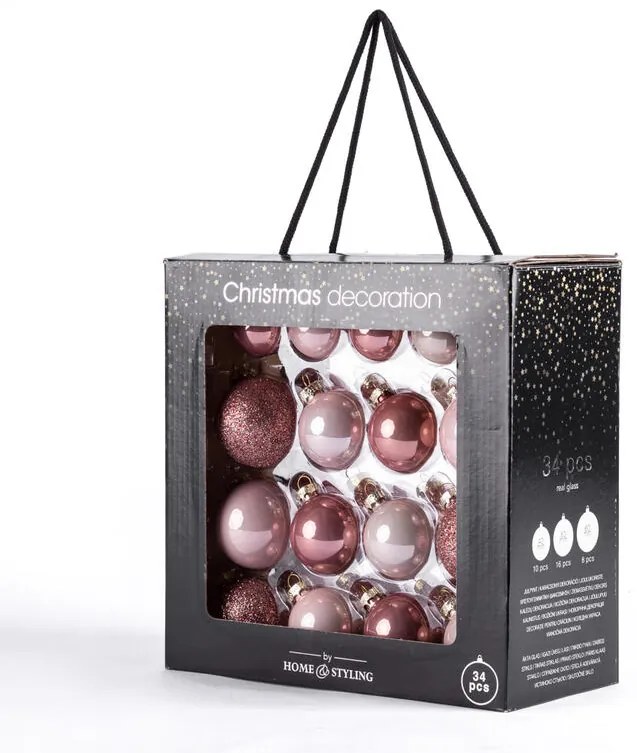Sada sklenených vianočných ozdôb staroružová 34 ks