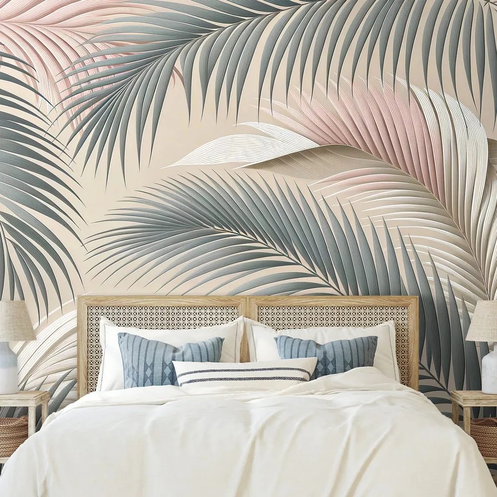 Samolepiaca tapeta pastelové palmové listy na béžovej