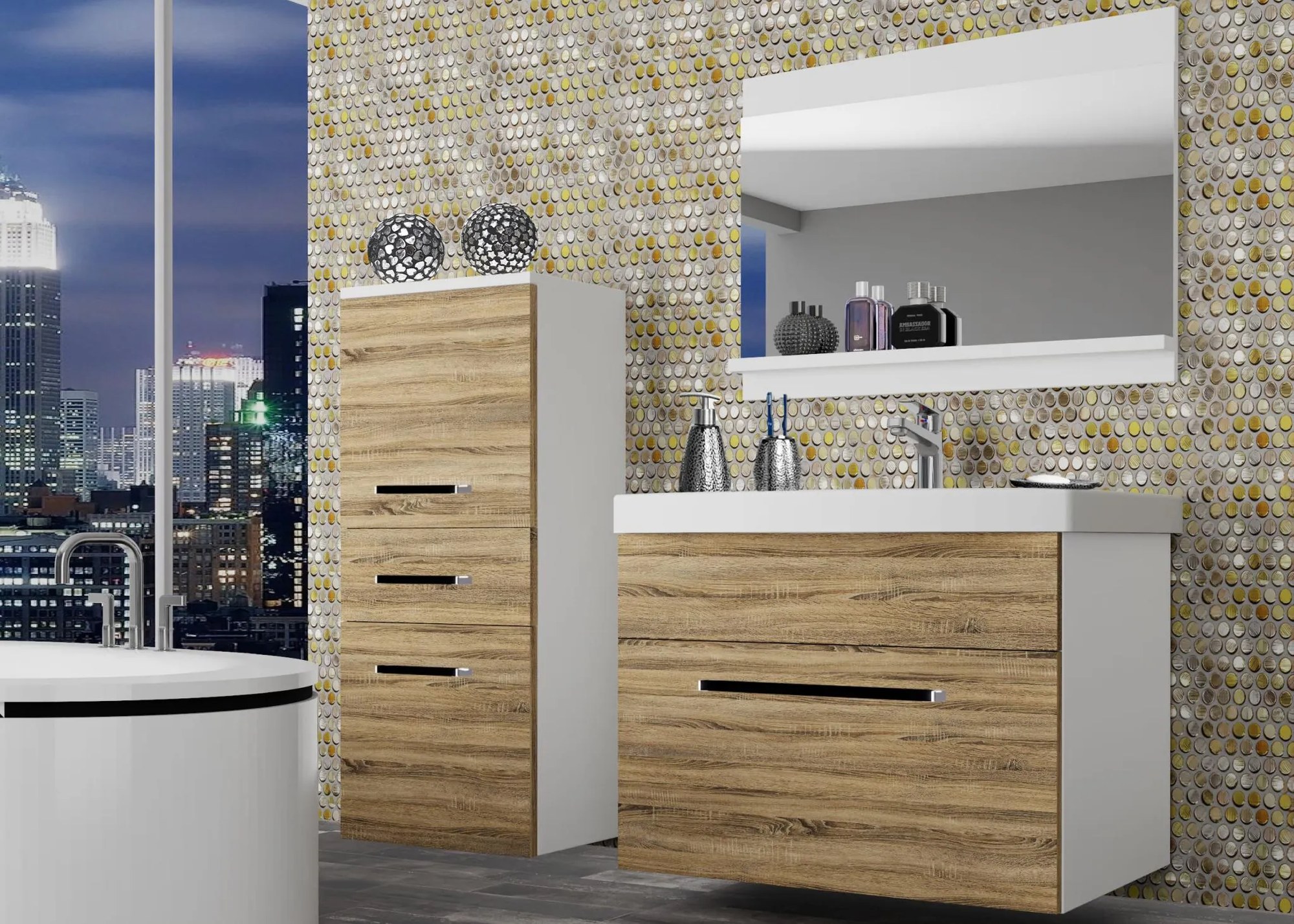 Kúpeľňový nábytok Belini dub sonoma + umývadlo + zrkadlo ROD M 2/0/W/DS/0/ZW