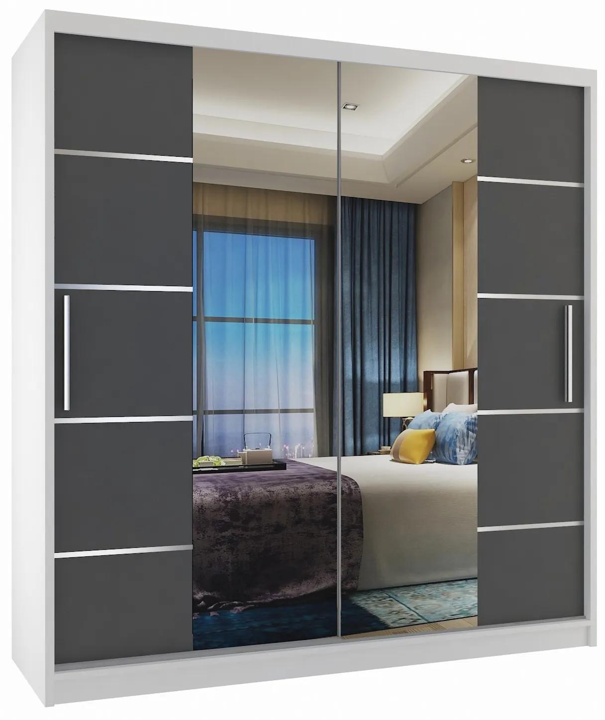 Šatníková skriňa 158 cm Belini biely mat / šedý mat s posunými dverami zrkadlom a zásuvkami ME SZP7/0/W/SR/0/KLAL