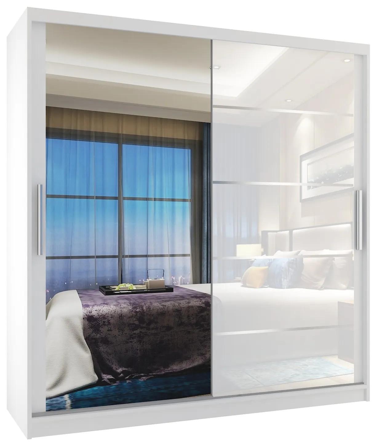 Šatníková skriňa 158 cm Belini biely mat / biely lesk s posunými dverami zrkadlom a zásuvkami MGB SZP7/0/W/1L5W/KLAL