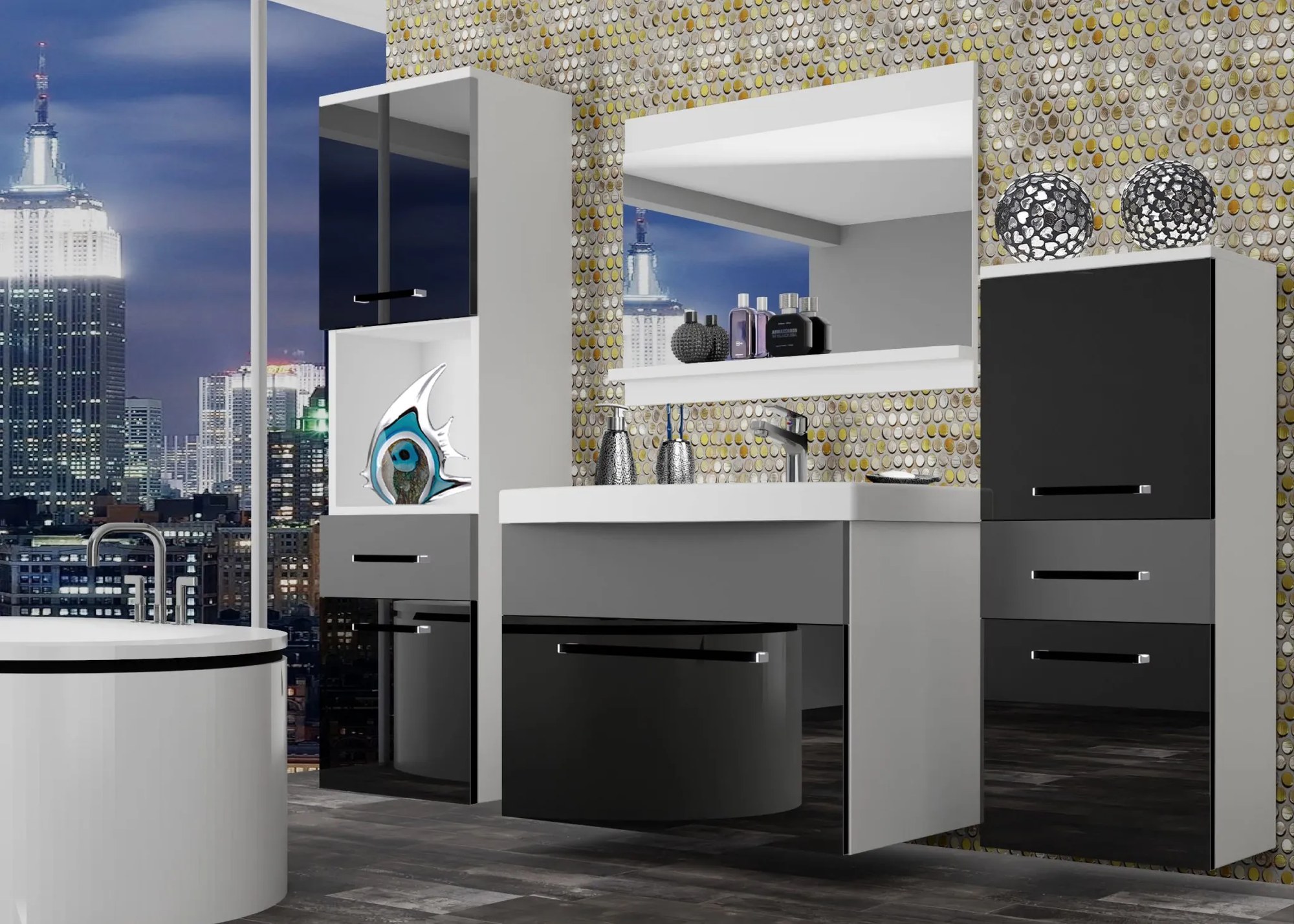 Kúpeľňový nábytok Belini čierny lesk / šedý mat + umývadlo + zrkadlo ROD PM 5/0/W/BSR/0/ZW