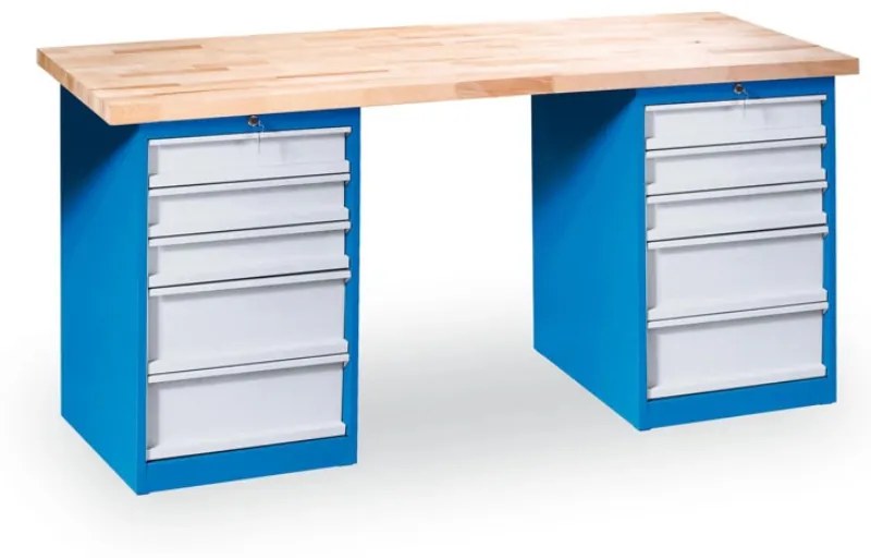 Dielenský pracovný stôl GD s 2 zásuvkovými dielenskými boxami na náradie, buková škárovka, 10 zásuviek, 1700 x 800 x 850 mm, modrá