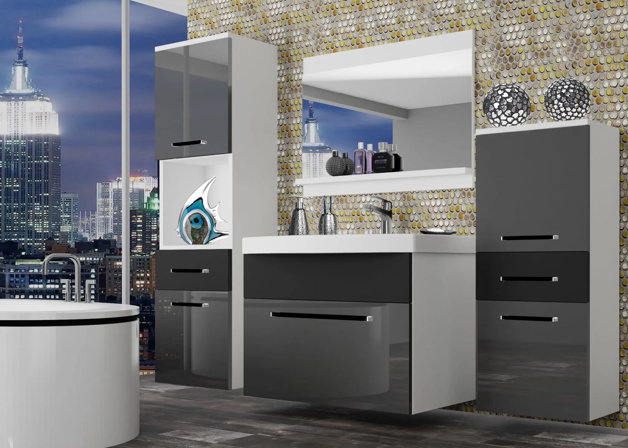 Kúpeľňový nábytok Belini šedý lesk / čierny mat + umývadlo + zrkadlo ROD PM 5/0/W/SB/0/ZW