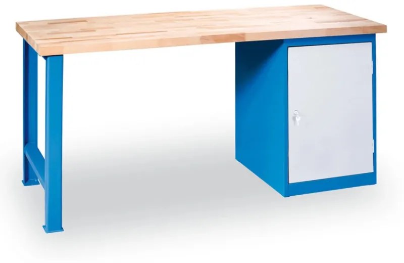 Dielenský pracovný stôl GD, buková škárovka, pevná noha + zásuvková dielenská skrinka na náradie, 2000 x 800 x 850 mm, modrá
