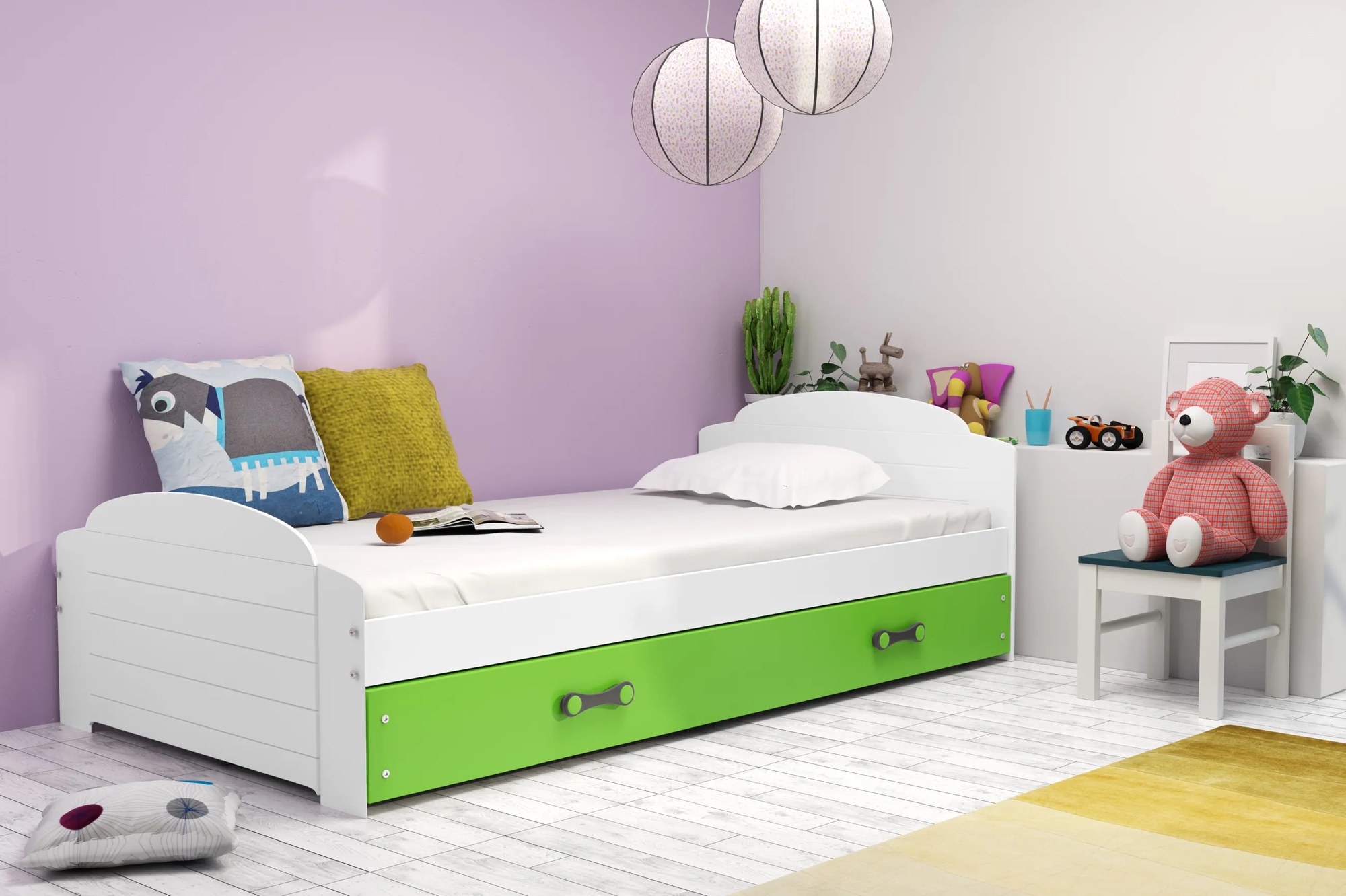Interbeds Jednolôžková posteľ Lili2 biela pre teenagerov 200x90 s matracom a šuplíkom - zelená