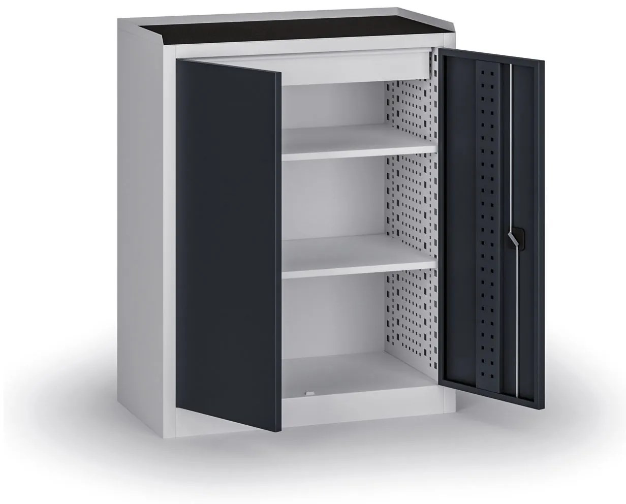 Policová dielenská skriňa 2-dverová, 2 police + 1 zásuvka, 1180 × 950 × 500 mm, grafitové dvere