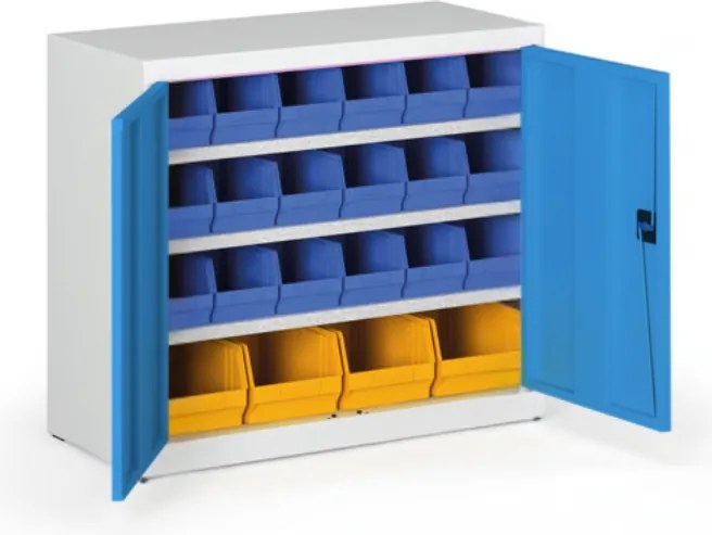 Skriňa s plastovými boxmi BASIC - 800 x 400 x 920 mm, 18x B, 4x C, sivá/modré dvere