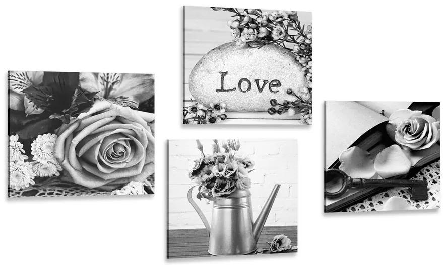 Set obrazov čiernobiele vintage zátišie s nápisom Love