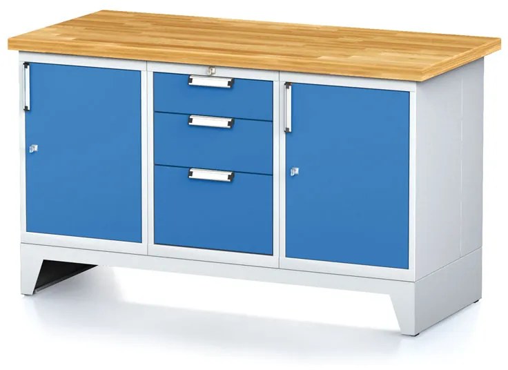 Alfa 3 Dielenský stôl MECHANIC I, 2 skrinky a zásuvkový box na náradie, 3 zásuvky, 1500x685x880 mm, modré dvere
