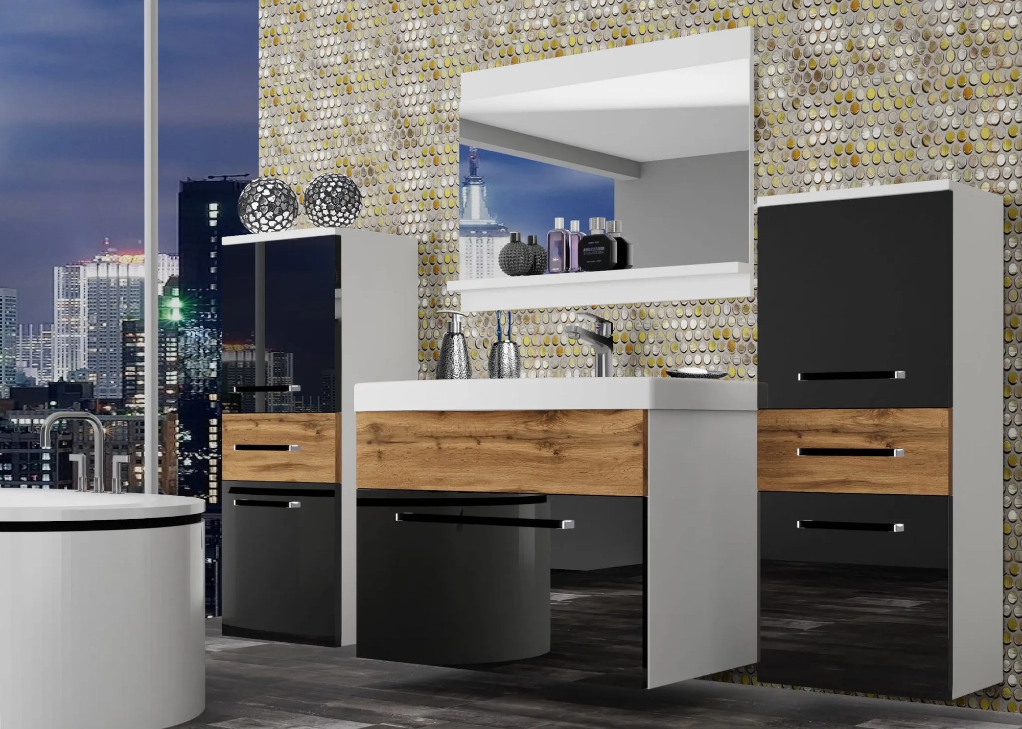 Kúpeľňový nábytok Belini čierny lesk / dub wotan + umývadlo + zrkadlo ROD PM 4/0/W/BDW/0/ZW