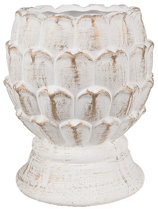 Bielo-zlatý cementový kvetináč v tvare šišky na podstavci M - Ø 15*18 cm