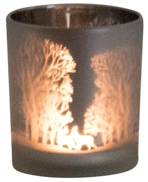 Sklenený svietnik s motívom lesa a jeleňov S - 7,3 * 7,3 * 8cm