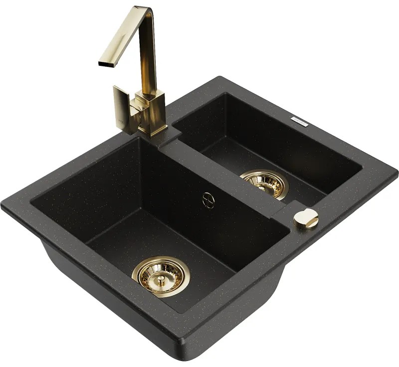Mexen Carlos, 1,5-komorový granitový drez s odkvapkávačom 582x475x177 mm a zlatá kuchynská batéria Rita, čierna - zlatá metalíza, 6518-75-670300-50