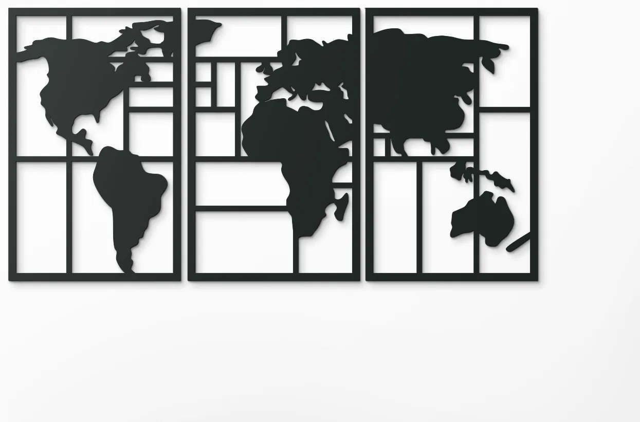 drevko Viacdielny obraz Mapa sveta na stenu Rozmer obrazu: 45,5 x 89 cm, Farba dekorácie: Čierna