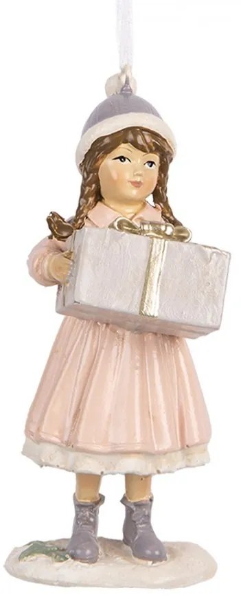Ružová závesná dekorácia dievčatko s darčekom - 5*5*11 cm