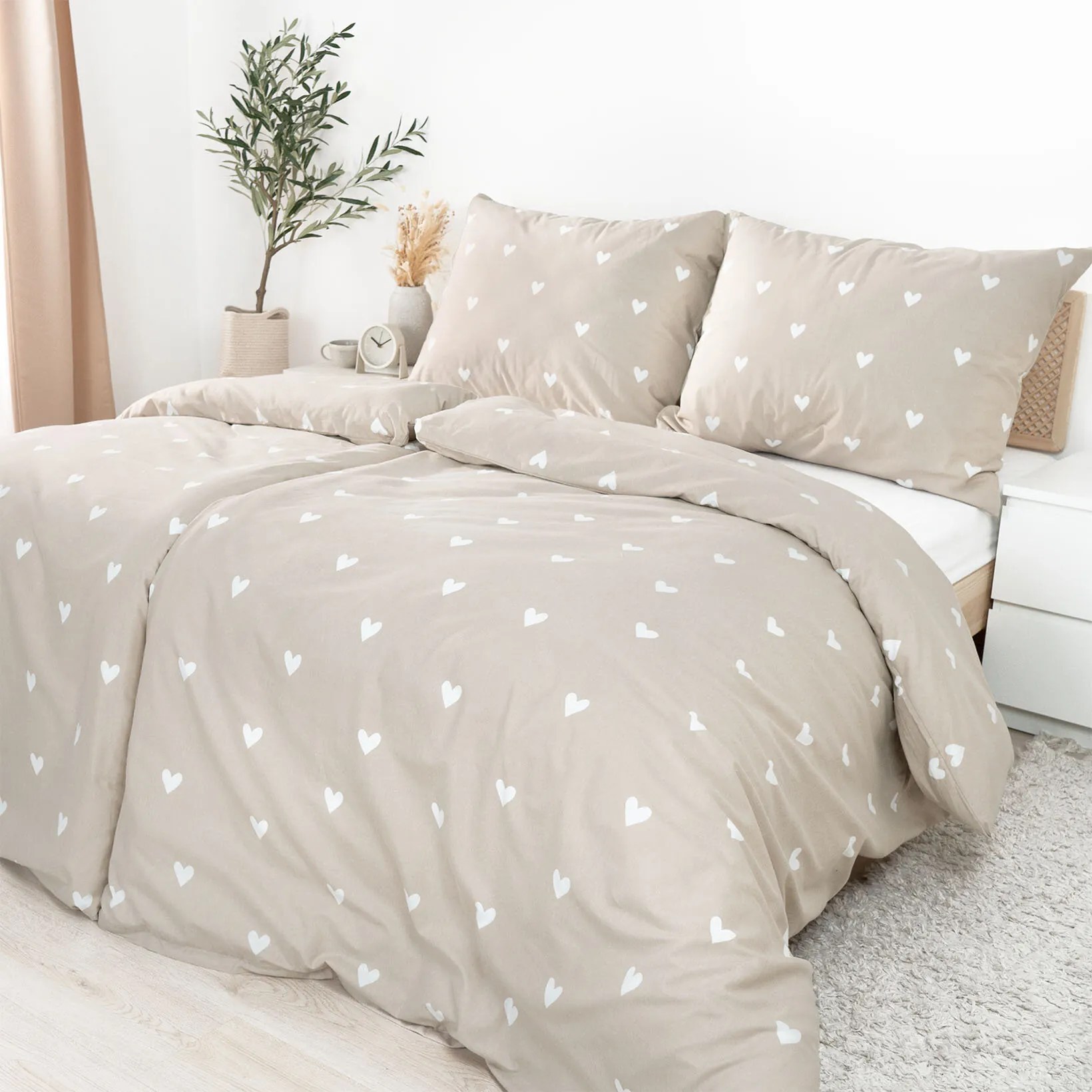 Goldea flanelové posteľné obliečky - srdiečka na latte 140 x 200 a 70 x 90 cm