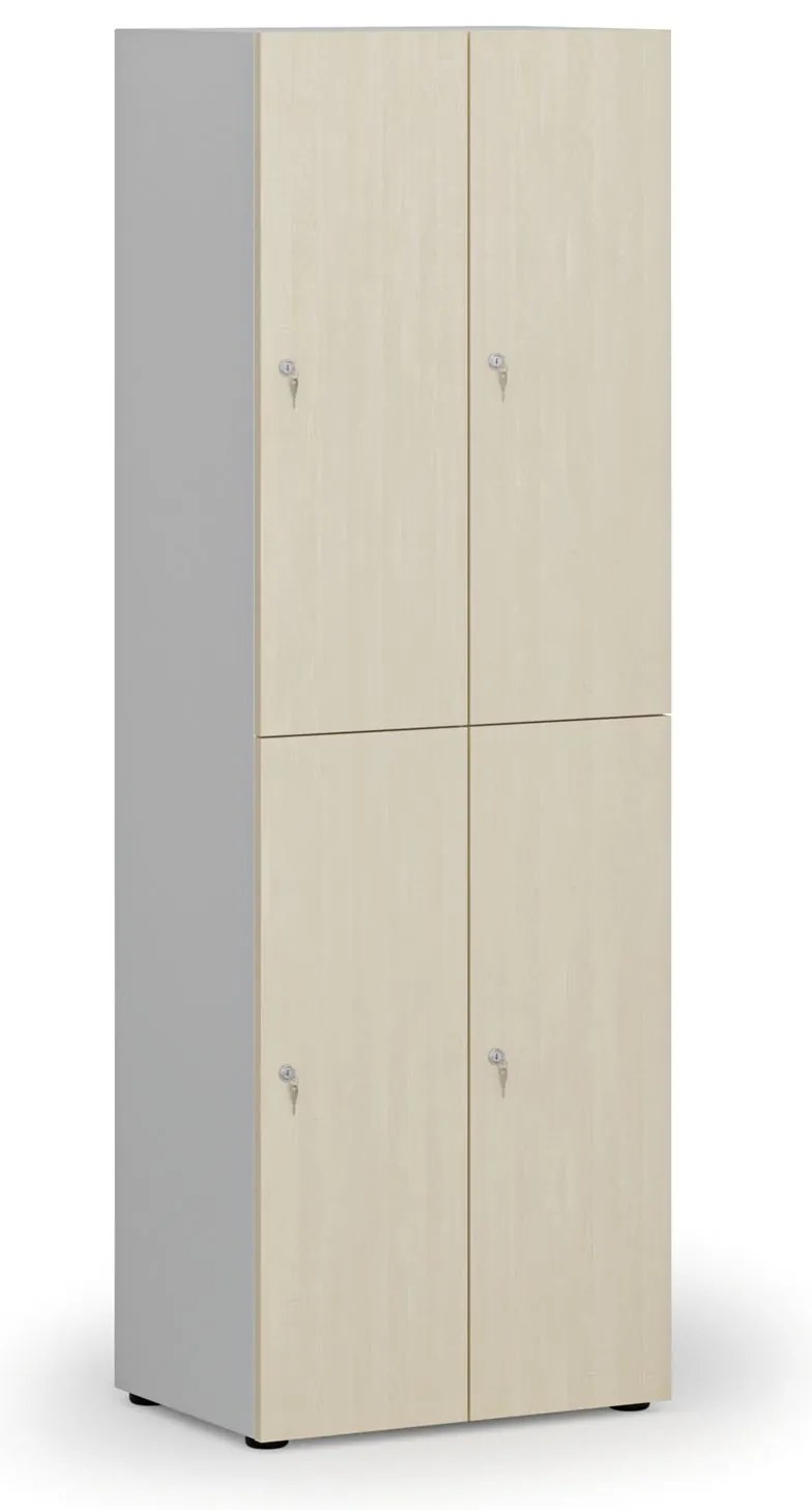 Drevená šatníková skrinka s úložnými boxmi, 4 boxy, cylindrický zámok, sivá/breza