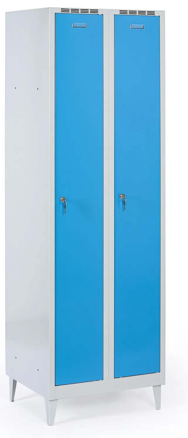 Plechová šatníková skrinka S8 na nohách, 2-dverová, 1920 x 600 x 500 mm, cylindrický zámok, modré dvere