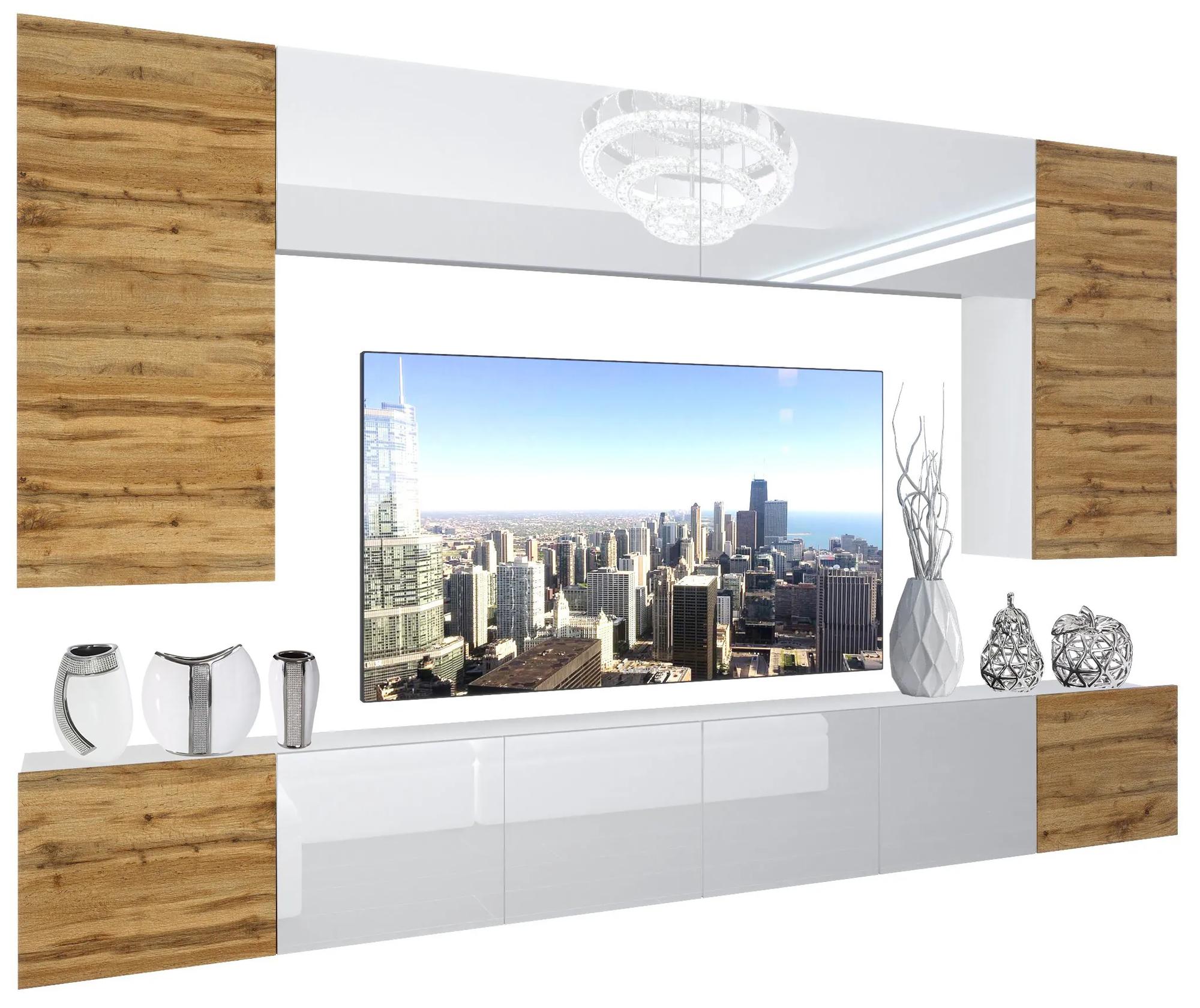 Obývacia stena Belini Premium Full Version dub wotan / biely lesk + LED osvetlenie Nexum 24