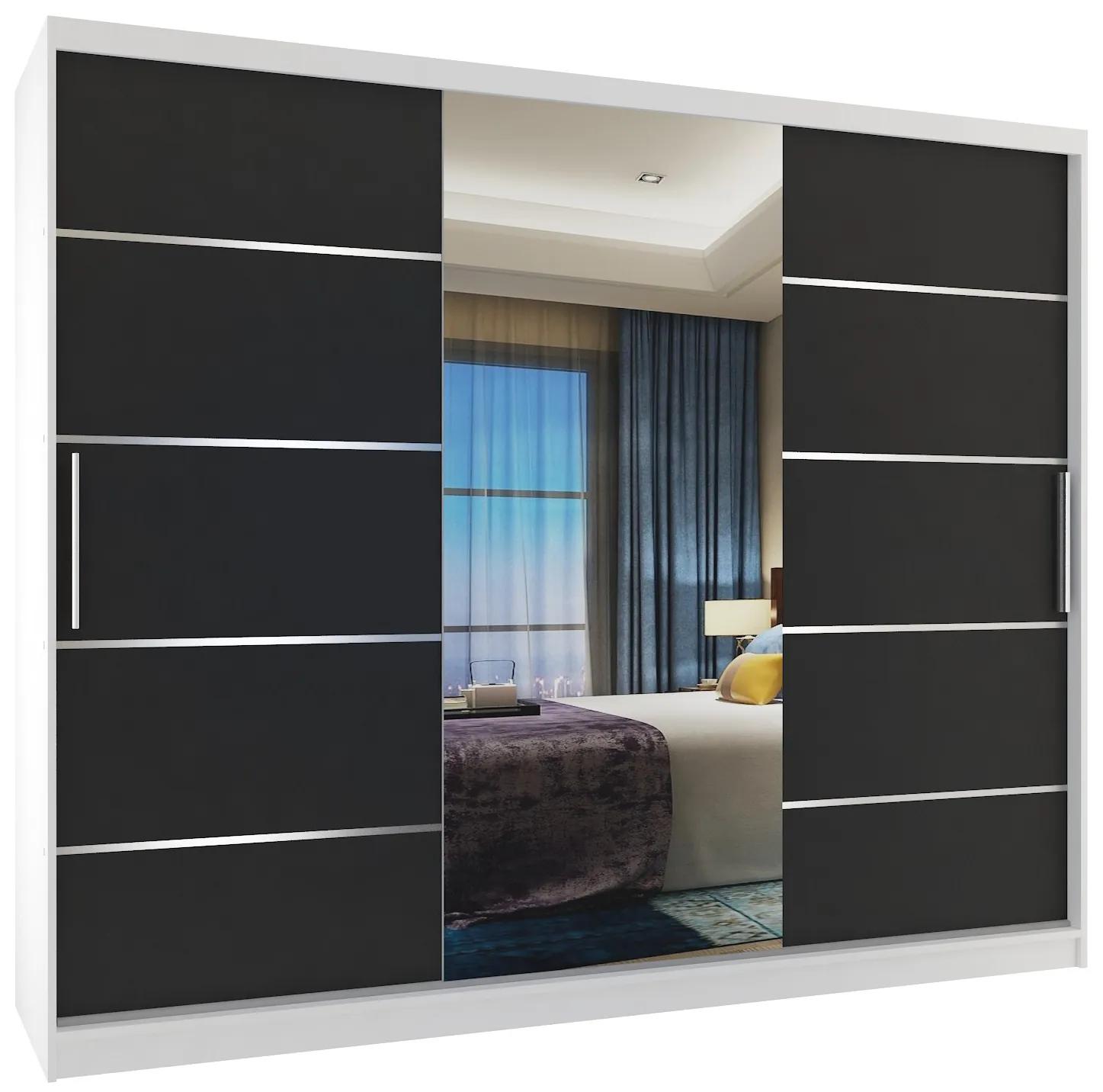 Šatníková skriňa 232 cm Belini biely mat/ čierny mat s posunými dverami zrkadlom a zásuvkami MBP SZP8/0/1W/2B1L/0/KLAL