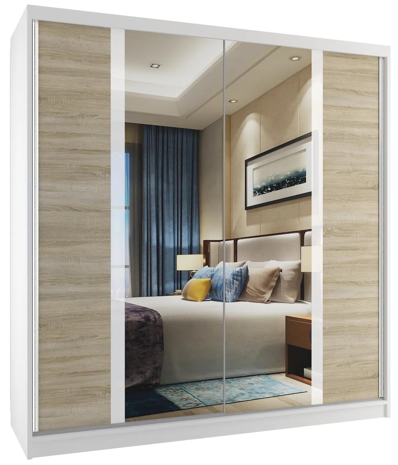 Šatníková skriňa 158cm Belini biely mat / dub sonoma s posuvnými dverami a zrkadlom MV SZP3/2/W/DS/W/HI