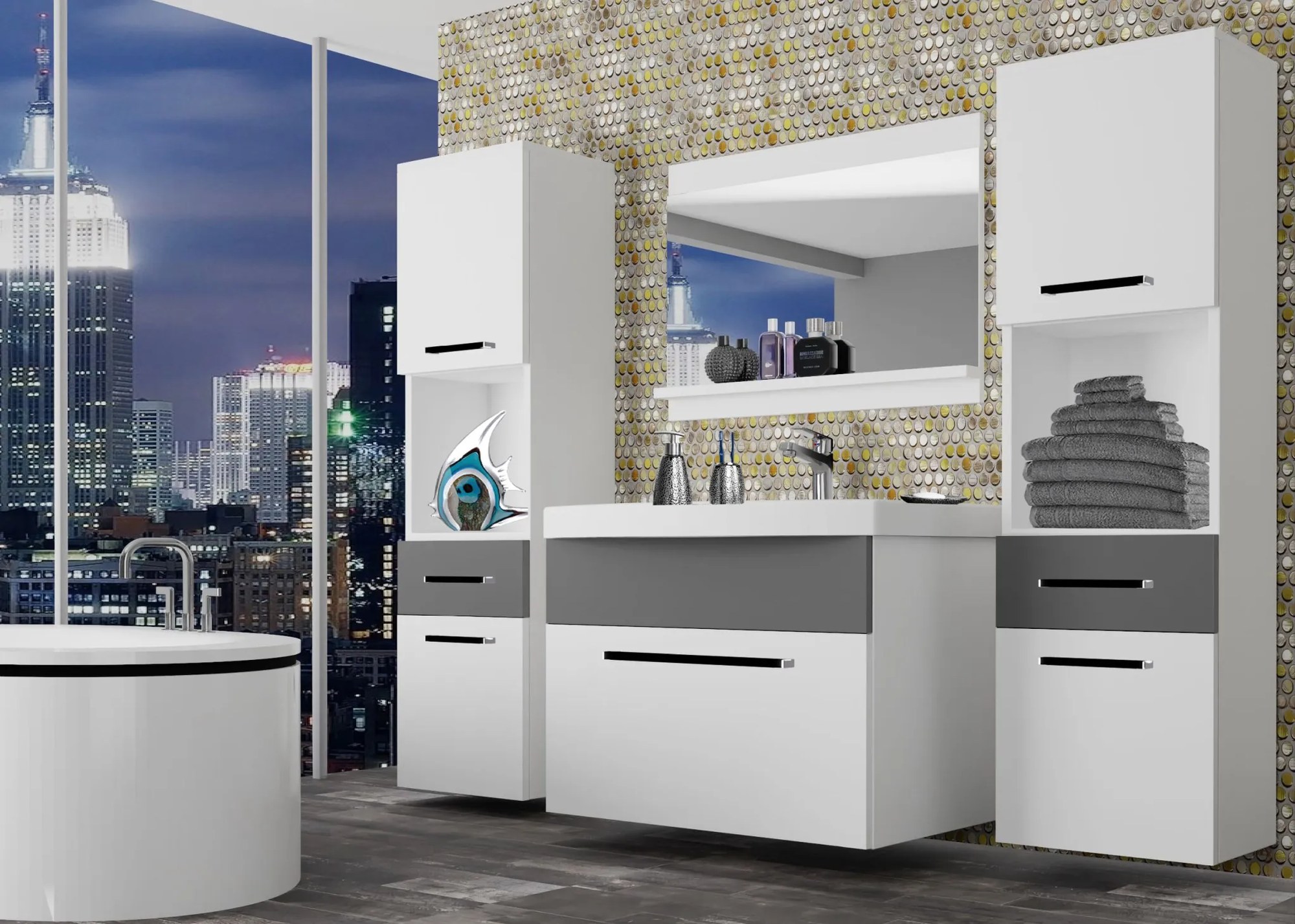 Kúpeľňový nábytok Belini biely mat / šedý mat + umývadlo + zrkadlo ROD M 6/0/W/WSR/0/ZW