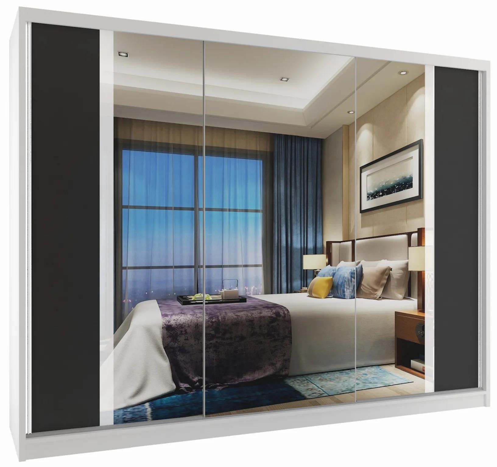 Šatníková skriňa 232 cm Belini biely mat / čierny mat s posuvnými dverami a zrkadlom MV SZP4/1/1W/2B1L/W/HI